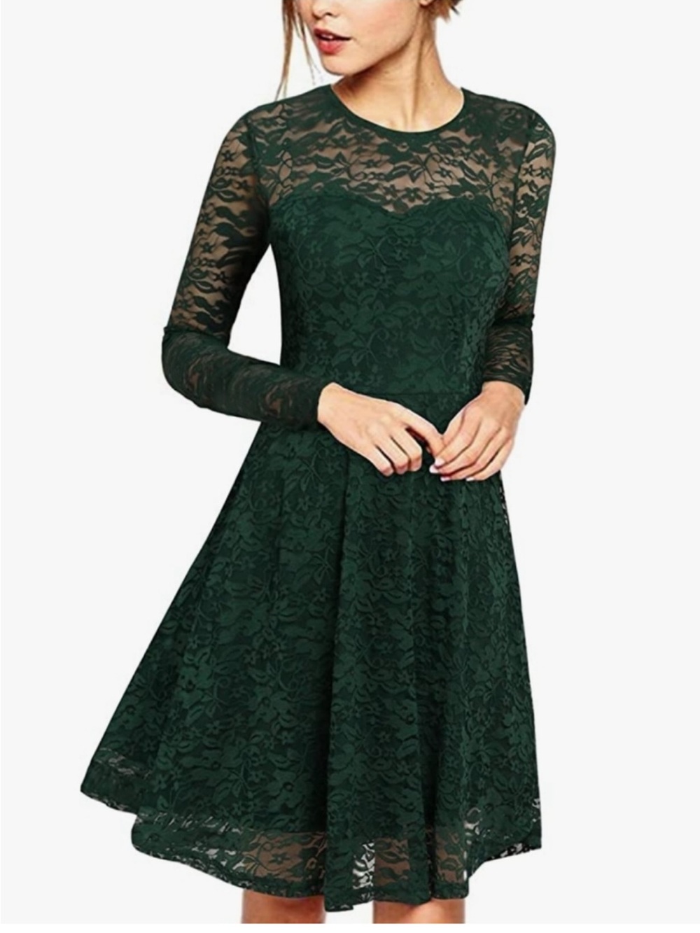 NEW Zanzea Forest Green Lace Long-Sleeve Fit & Flare Dress Size 6 NWT